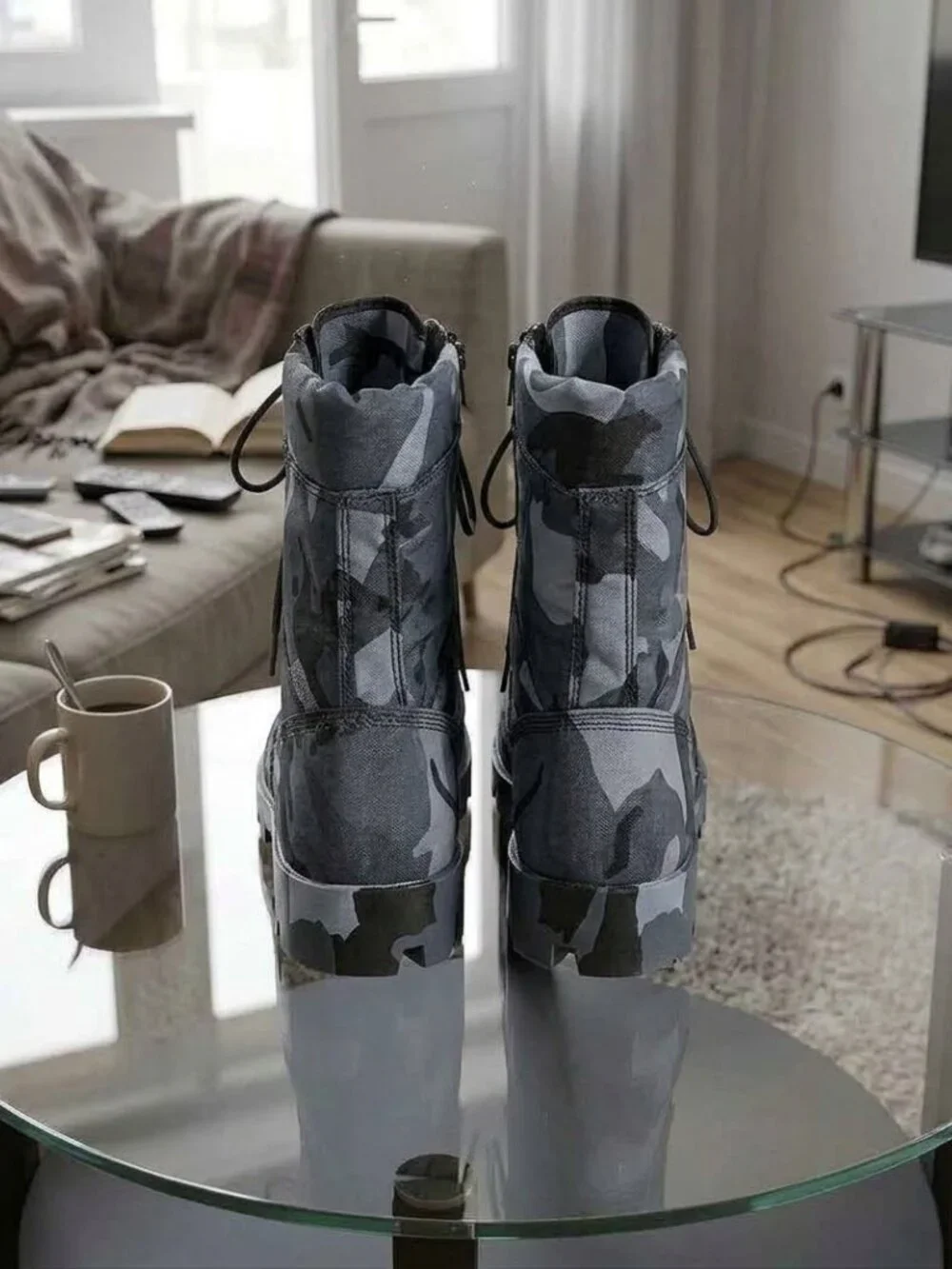 Military Tactical Boots for Work, Blue Camo Lace-Up for Men